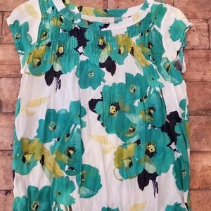 Loft Blouse Size Medium M White Teal Floral Print Elastic Waist Band